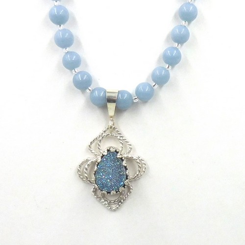 Click to view detail for DKC-2081 Pendant, Blue Druzy Teardrop, Angelite Beaded Necklace $225
